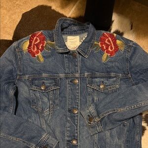 American Eagle Outfitters Blue Denim Jacket with Floral Embroidery